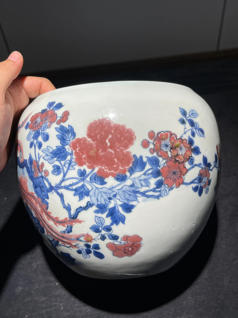 清康熙 青花釉里红凤凰牡丹纹卷缸 - 图5