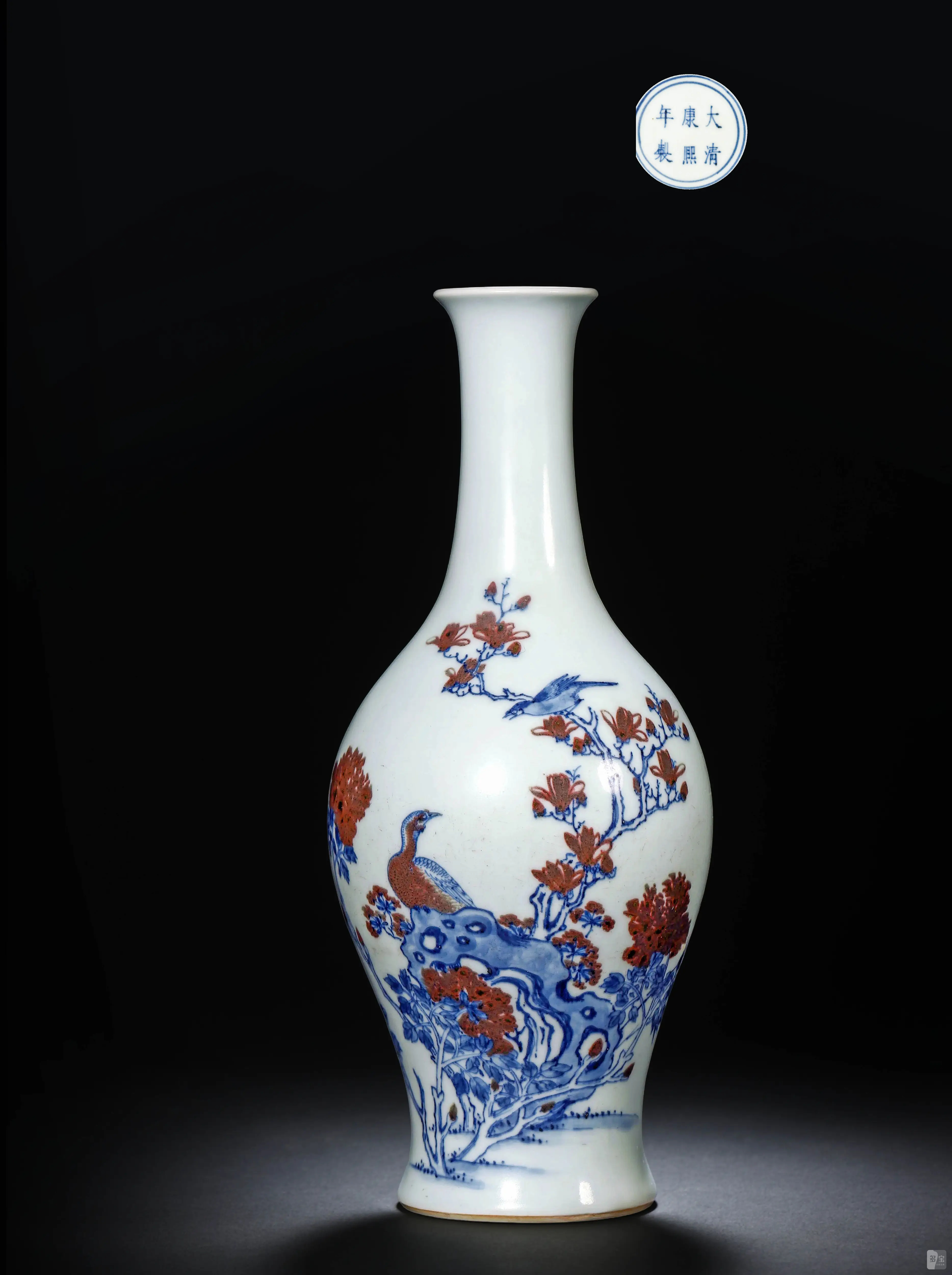 清康熙安窑青花釉里红花鸟纹橄榄瓶-多宝古瓷宝典