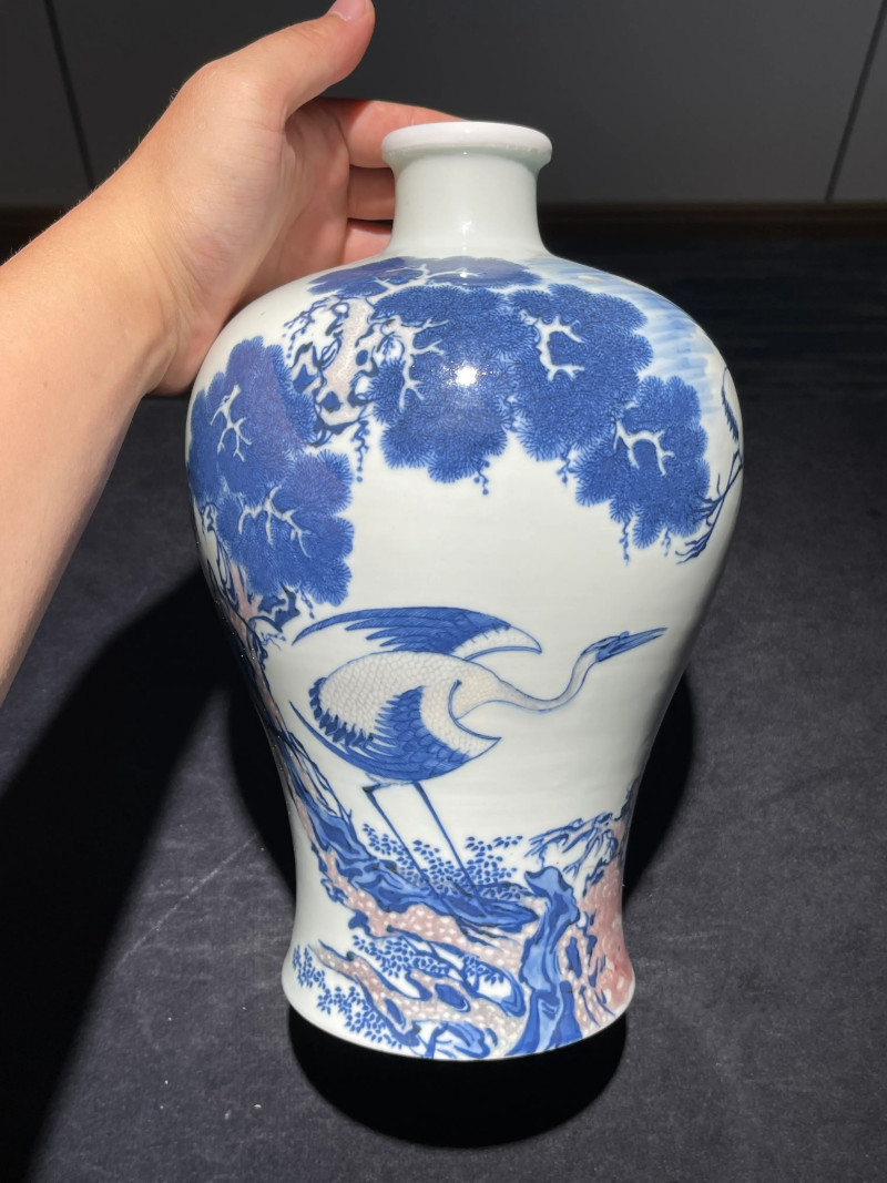 民国 王步风格青花釉里红松鹤纹梅瓶 - 图2