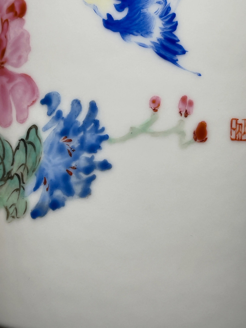 当代 王恩怀粉彩花鸟纹笔筒 - 图6