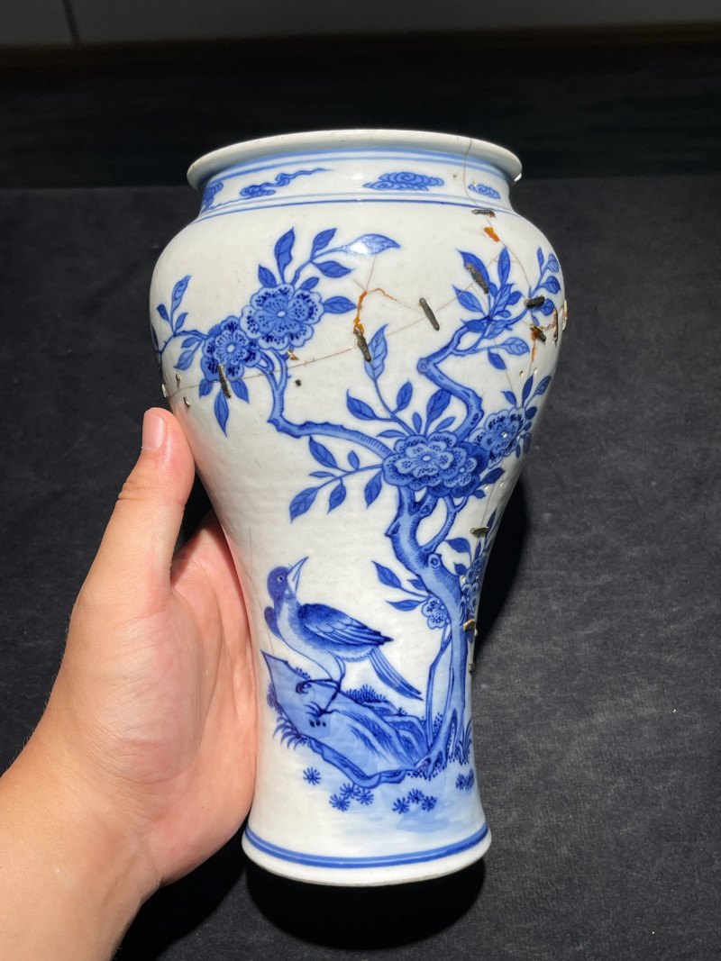 清乾隆 青花花鸟纹广口尊 - 图2