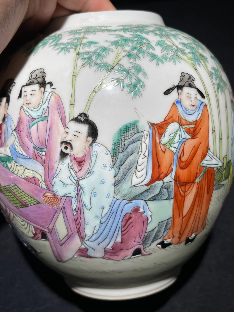 民国 粉彩竹林七贤纹皮灯一对 - 图15