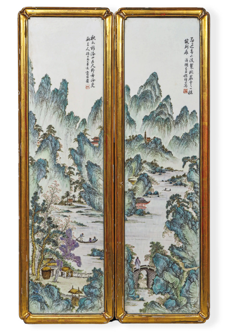 民国 陈宝昌画粉彩山水纹瓷板一对