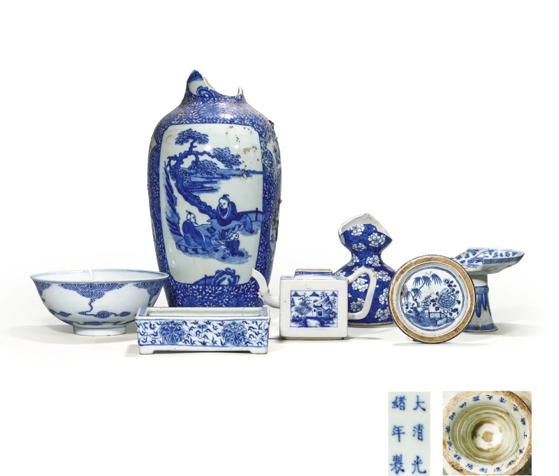 清代 青花瓷器一组七件