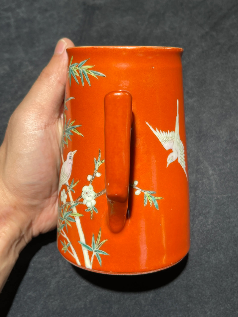 清咸丰 珊瑚红地粉彩花鸟纹执壶 - 图5