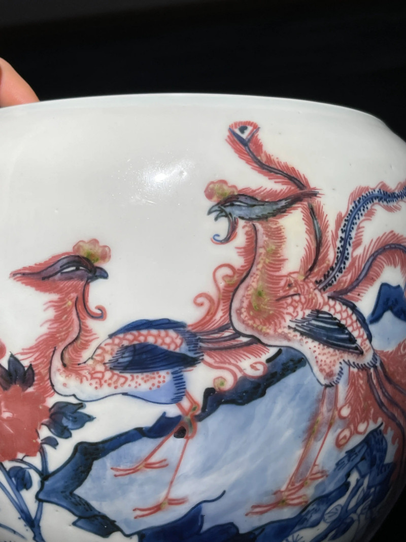 清康熙 青花釉里红凤凰牡丹纹卷缸 - 图6
