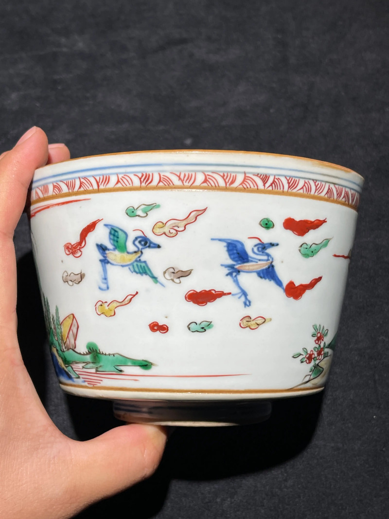明晚期 青花五彩山水花鸟纹筒式炉 - 图4