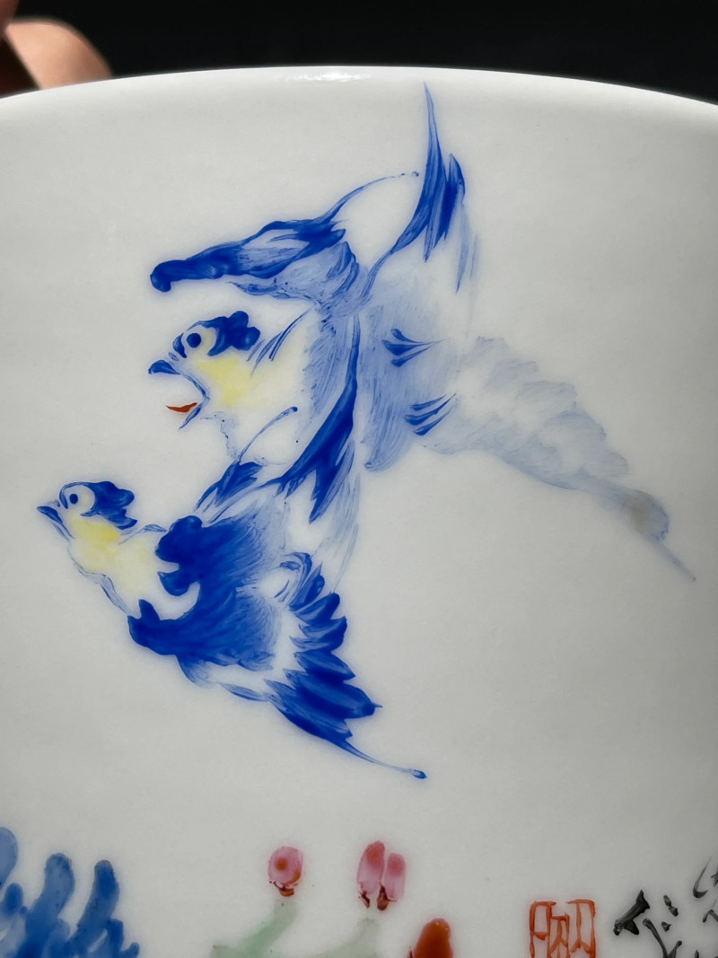 当代 王恩怀粉彩花鸟纹笔筒 - 图7