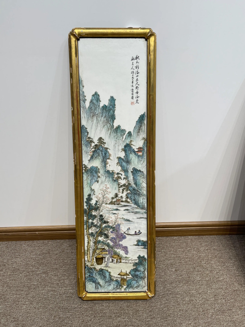 民国 陈宝昌画粉彩山水纹瓷板一对 - 图2