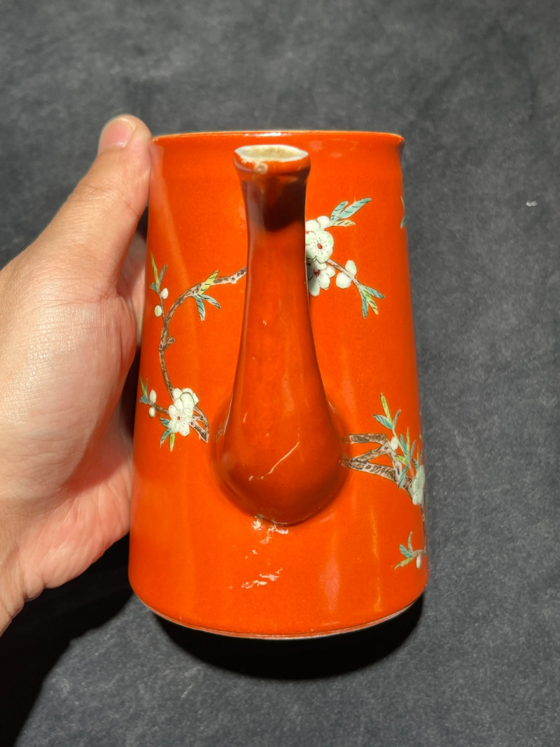 清咸丰 珊瑚红地粉彩花鸟纹执壶 - 图6
