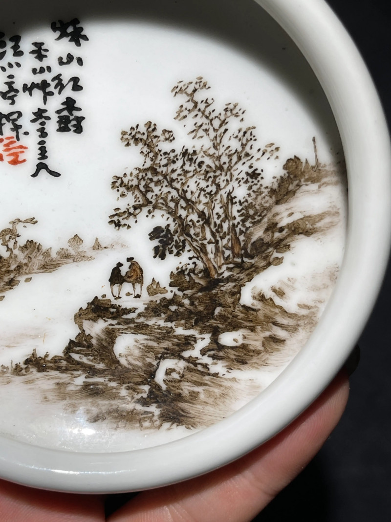 民国 汪小亭画墨彩山水纹笔洗 - 图3