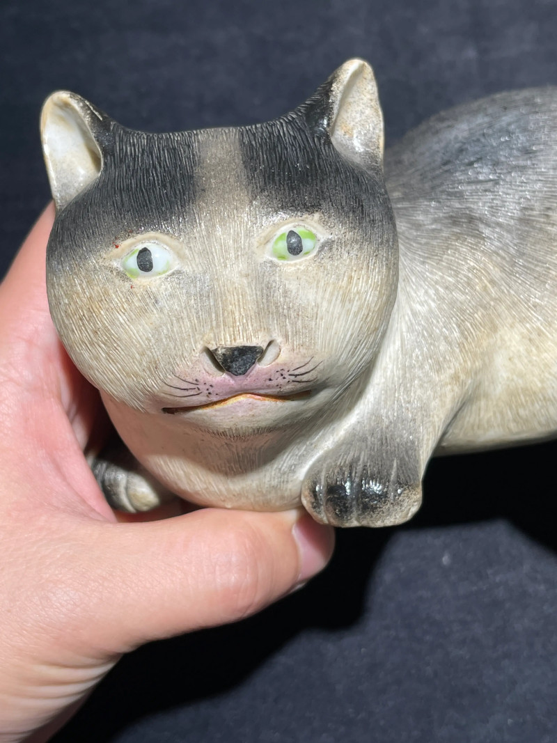 清中期 窑彩猫形瓷塑 - 图3