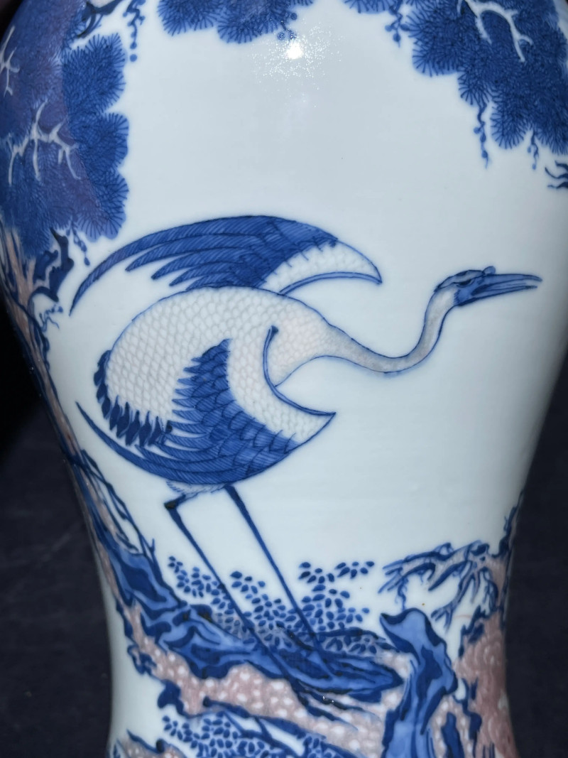 民国 王步风格青花釉里红松鹤纹梅瓶 - 图5