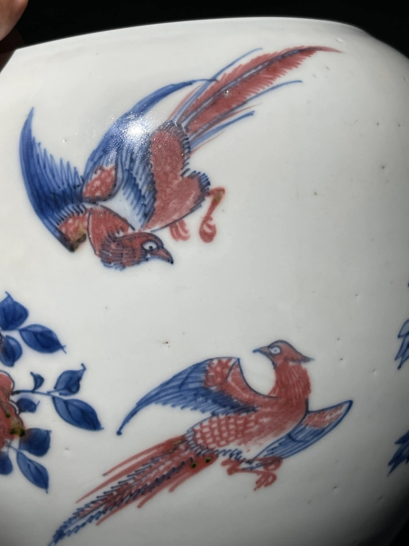 清康熙 青花釉里红凤凰牡丹纹卷缸 - 图8