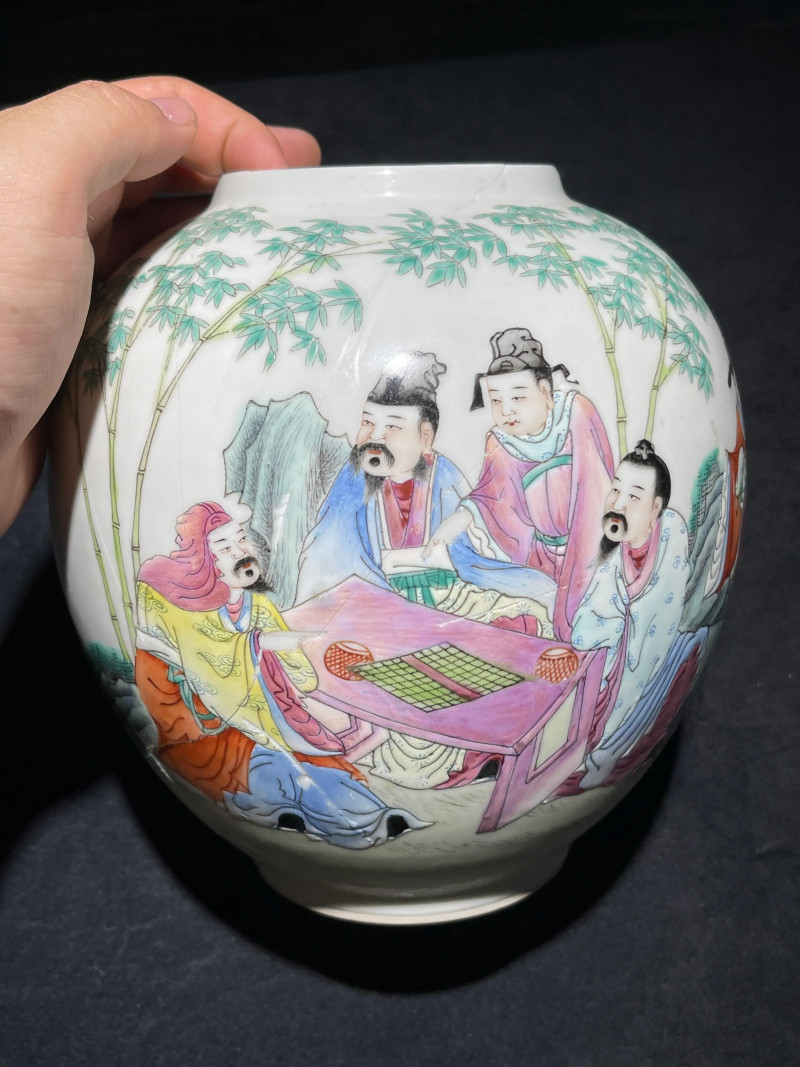 民国 粉彩竹林七贤纹皮灯一对 - 图11