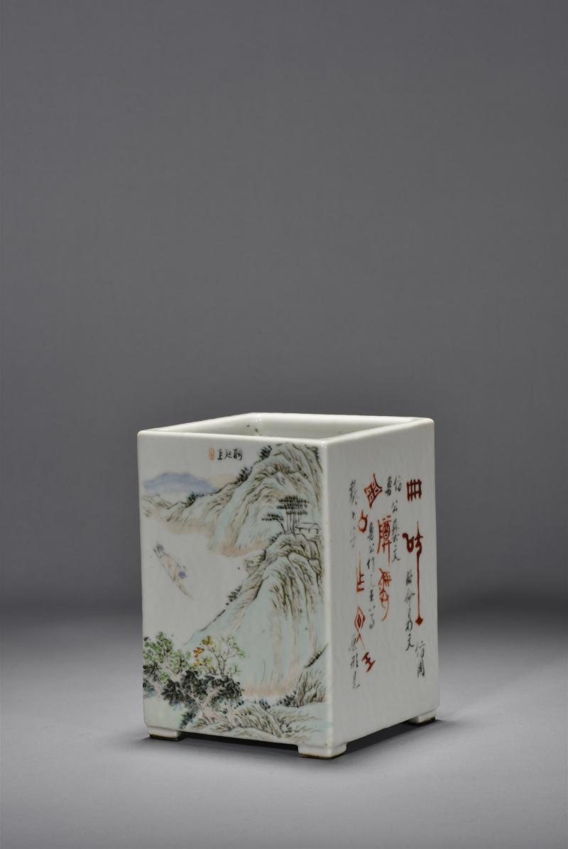 清光绪 万子铭山水花鸟方笔筒 - 图2