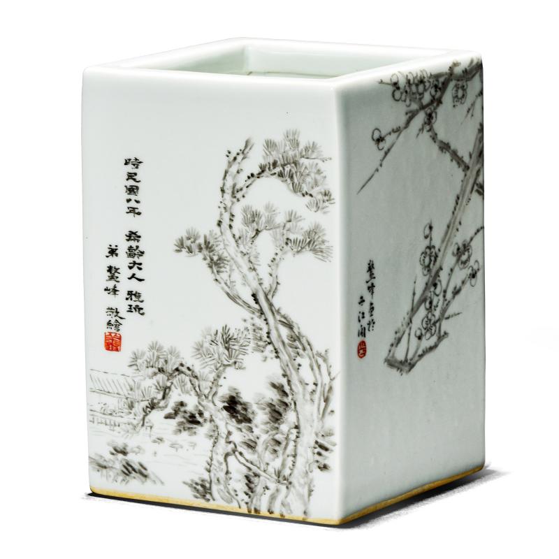 民国 鳌峰墨彩四方笔筒