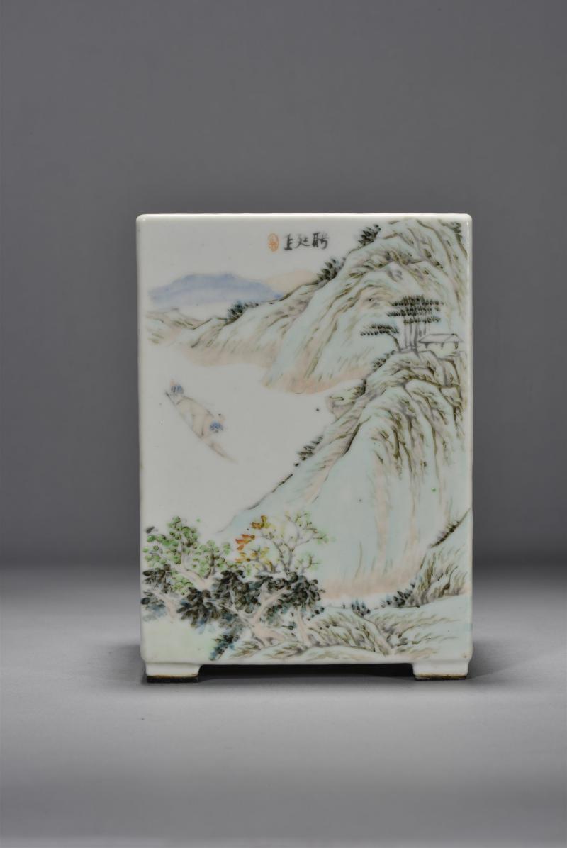 清光绪 万子铭山水花鸟方笔筒 - 图8