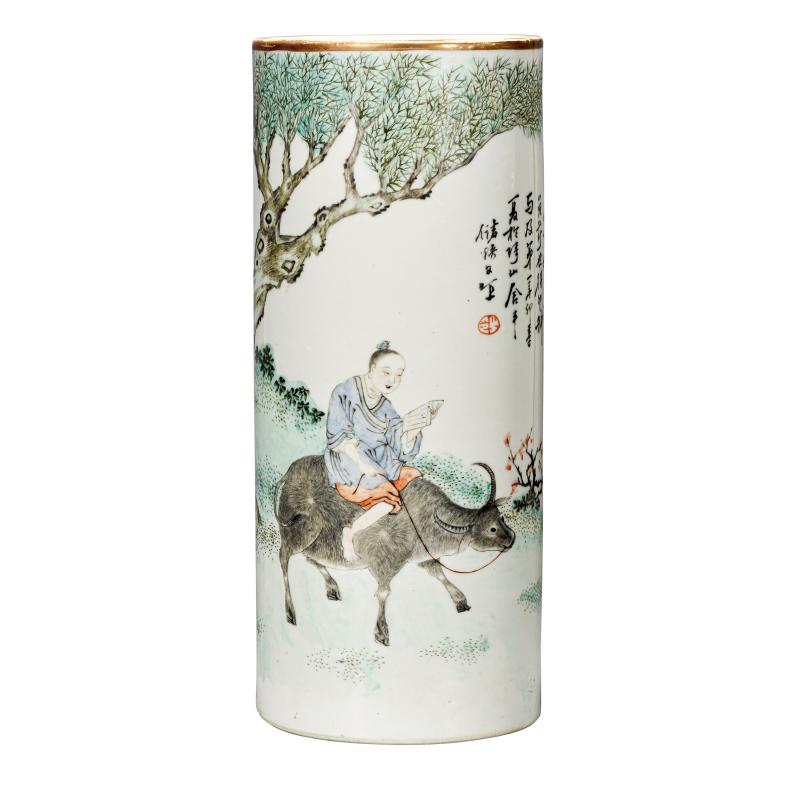 清光绪 储焕文浅绛彩花鸟帽筒