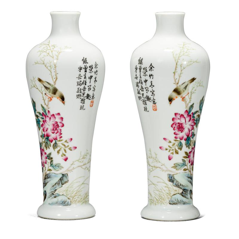 民国 余竹青粉彩花鸟纹梅瓶一对