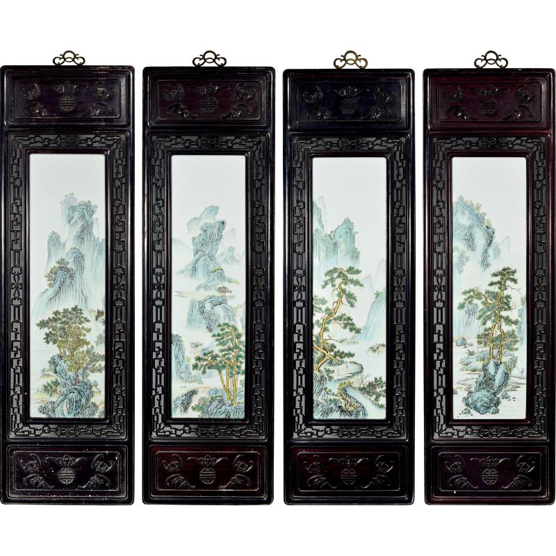 民国 粉彩山水花鸟四屏