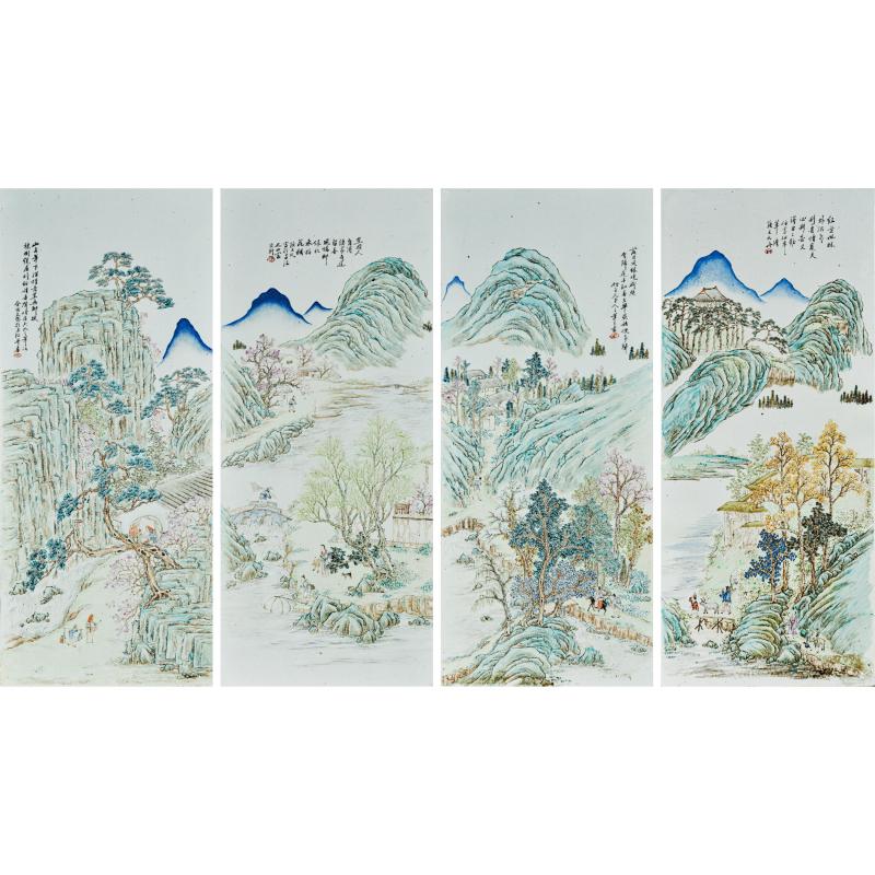 清光绪 余焕文浅绛彩「四季山水图」四条屏