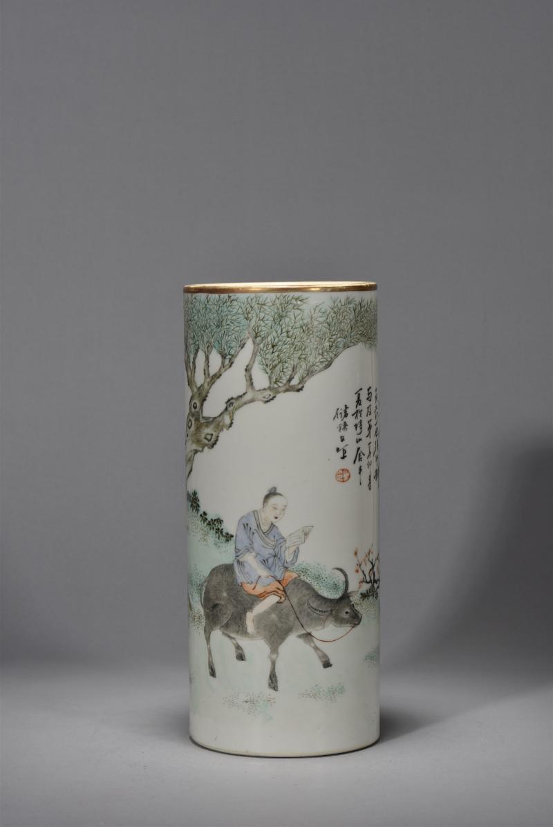 清光绪 储焕文浅绛彩花鸟帽筒 - 图2
