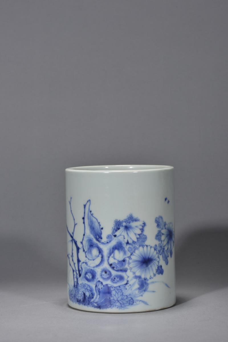 清康熙 青花花鸟纹笔筒 - 图3