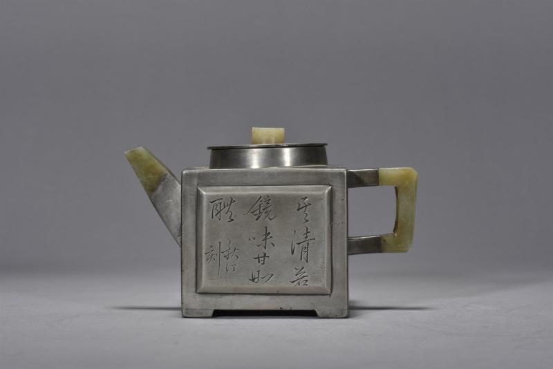 清道光 范述曾紫砂包锡四方壶 - 图2