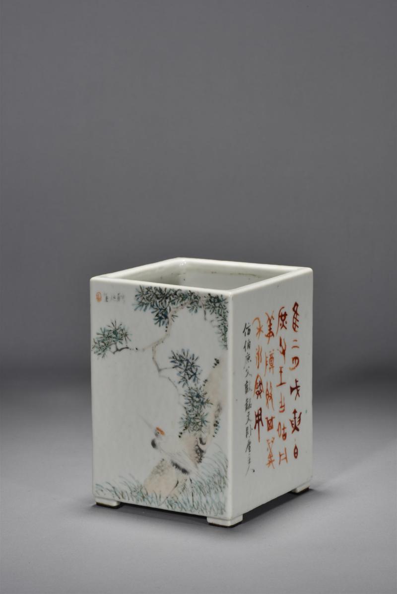 清光绪 万子铭山水花鸟方笔筒 - 图3