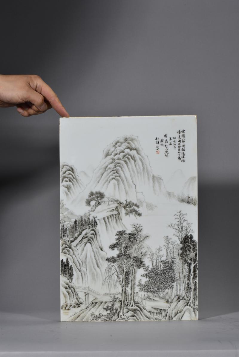 民国 钱仙槎墨彩山水瓷板 - 图4