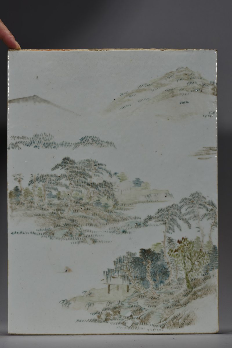 清光绪 任焕章风格浅绛彩湖山归舟图瓷板挂屏 - 图4