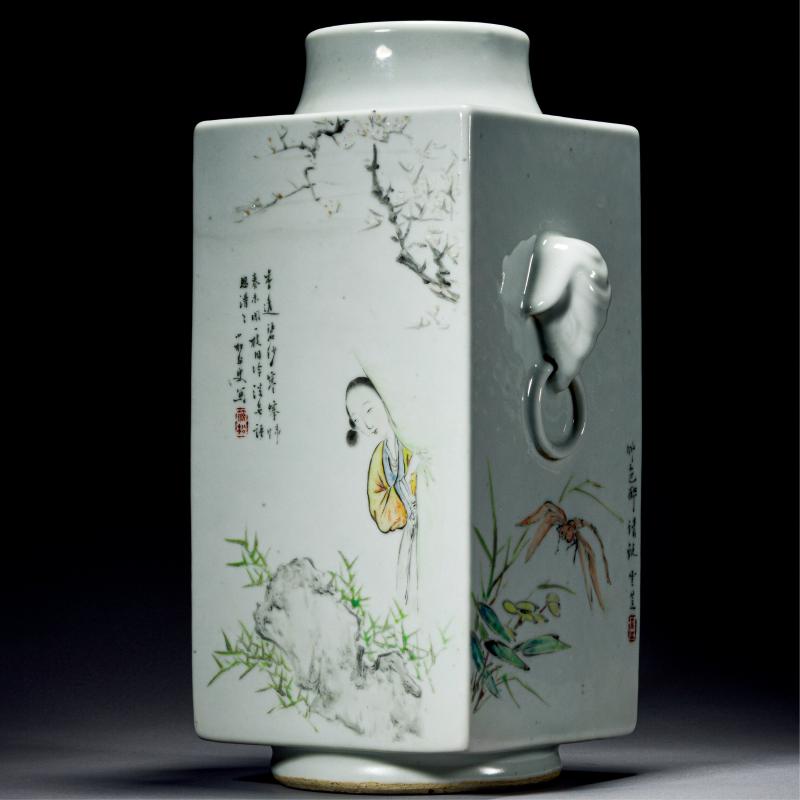 清光绪 程门、程小松父子合作浅绛彩山水花鸟人物纹象耳琮式瓶