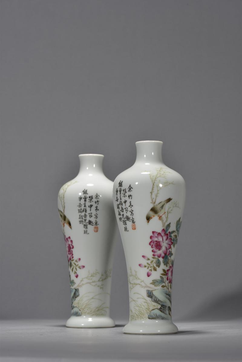 民国 余竹青粉彩花鸟纹梅瓶一对 - 图7