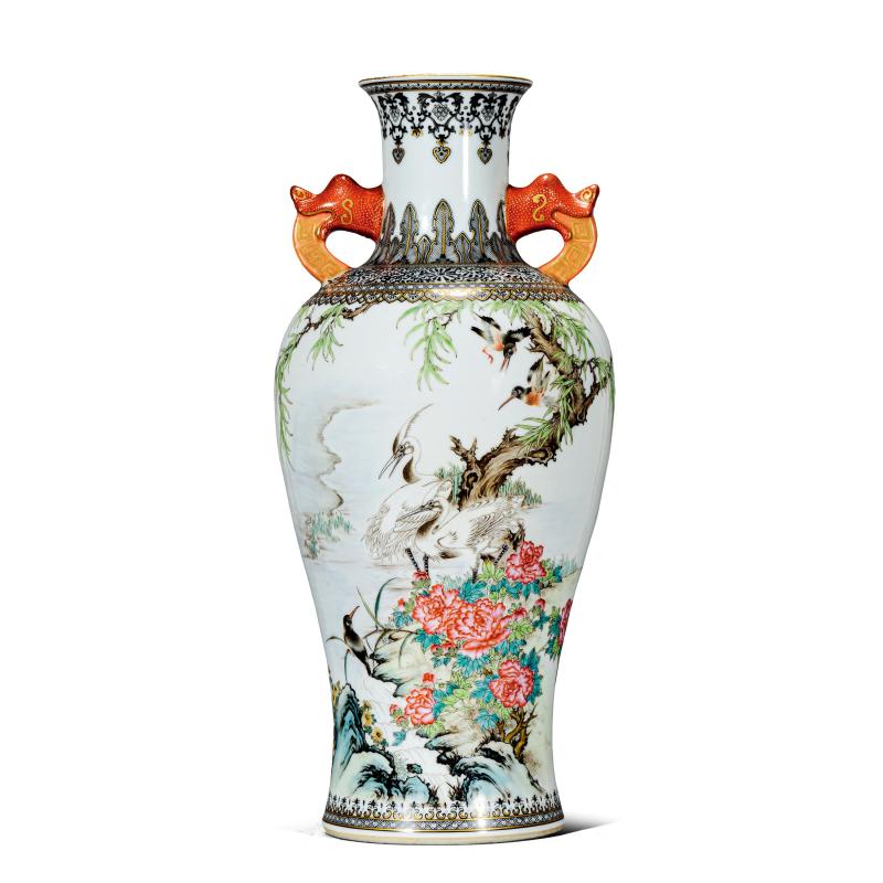 近现代 珐琅彩花鸟纹双兽耳尊