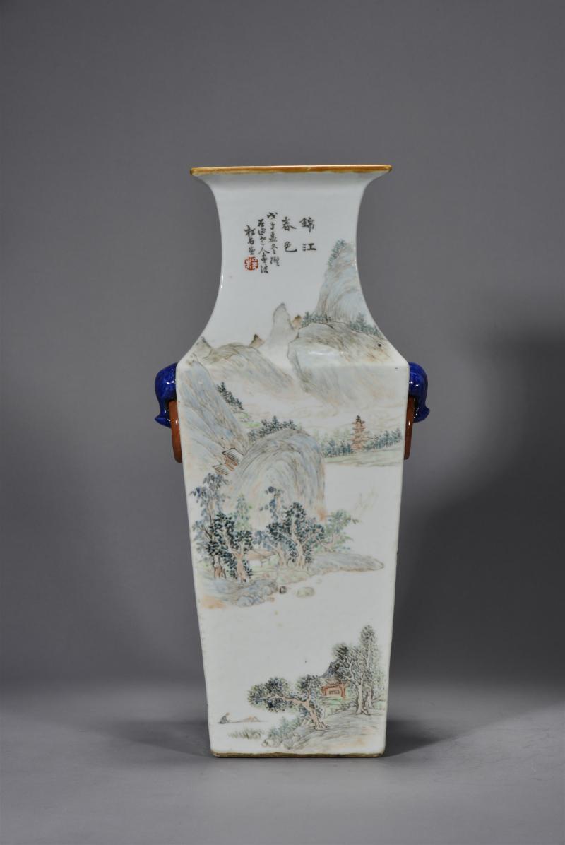 清光绪 程松石浅绛彩山水人物花鸟四方瓶 - 图6