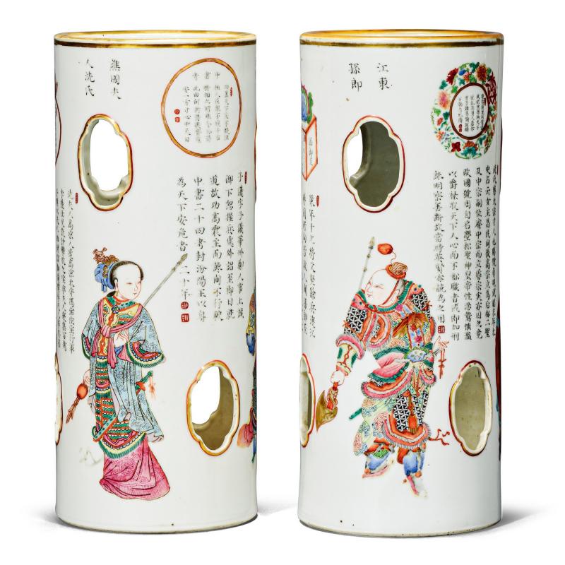 清道光 粉彩无双谱帽筒一对