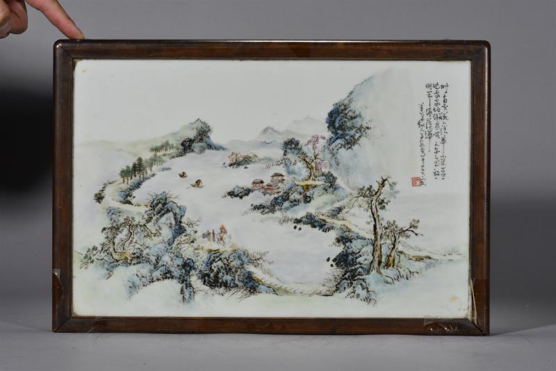 民国 段子安粉彩山水瓷板 - 图2