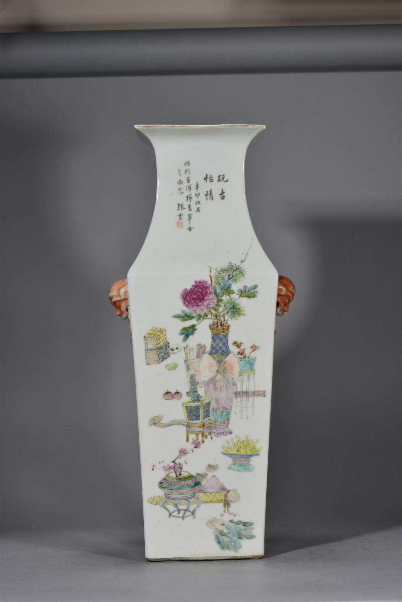 清光绪 张子英浅绛彩山水花鸟博古300 件大方瓶 - 图8