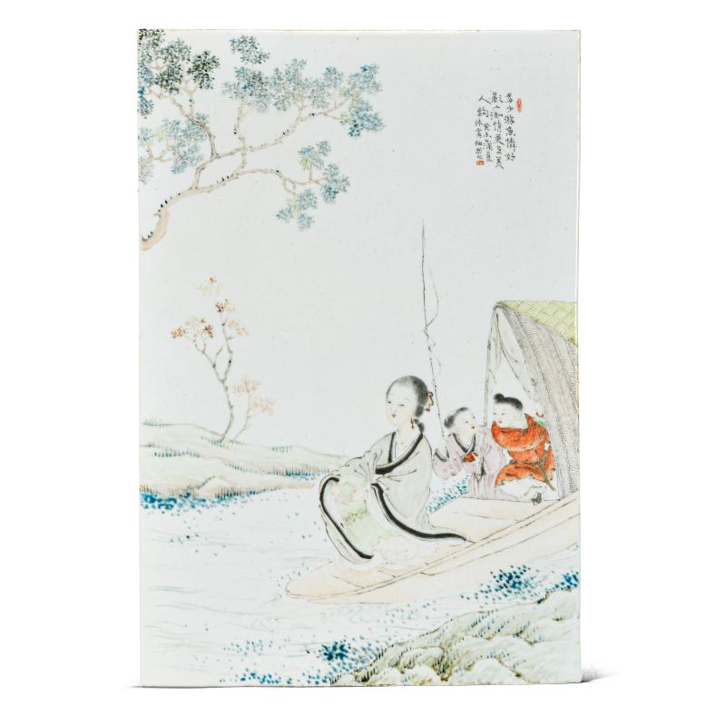 清光绪 胡仙哉浅绛彩仕女瓷板