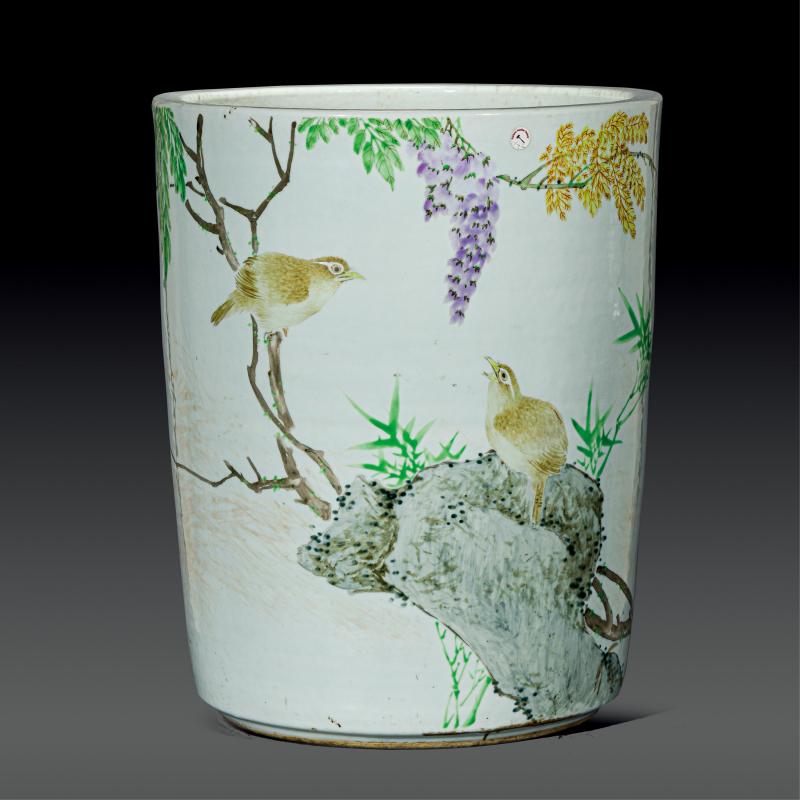 清光绪 金品卿风格浅绛彩紫藤鸣禽图画缸