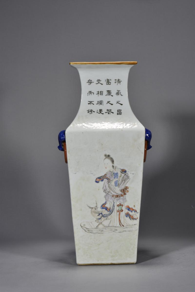 清光绪 程松石浅绛彩山水人物花鸟四方瓶 - 图8