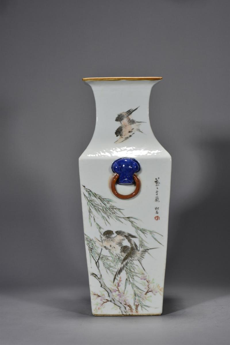 清光绪 程松石浅绛彩山水人物花鸟四方瓶 - 图9