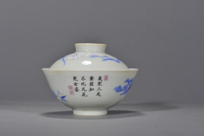 民国 蓝料彩喜上眉梢图盖碗 - 图4