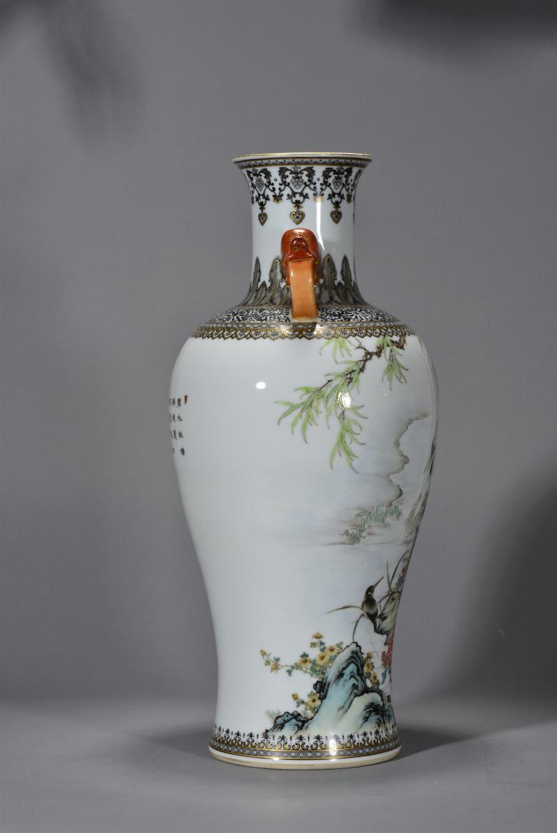 近现代 珐琅彩花鸟纹双兽耳尊 - 图7