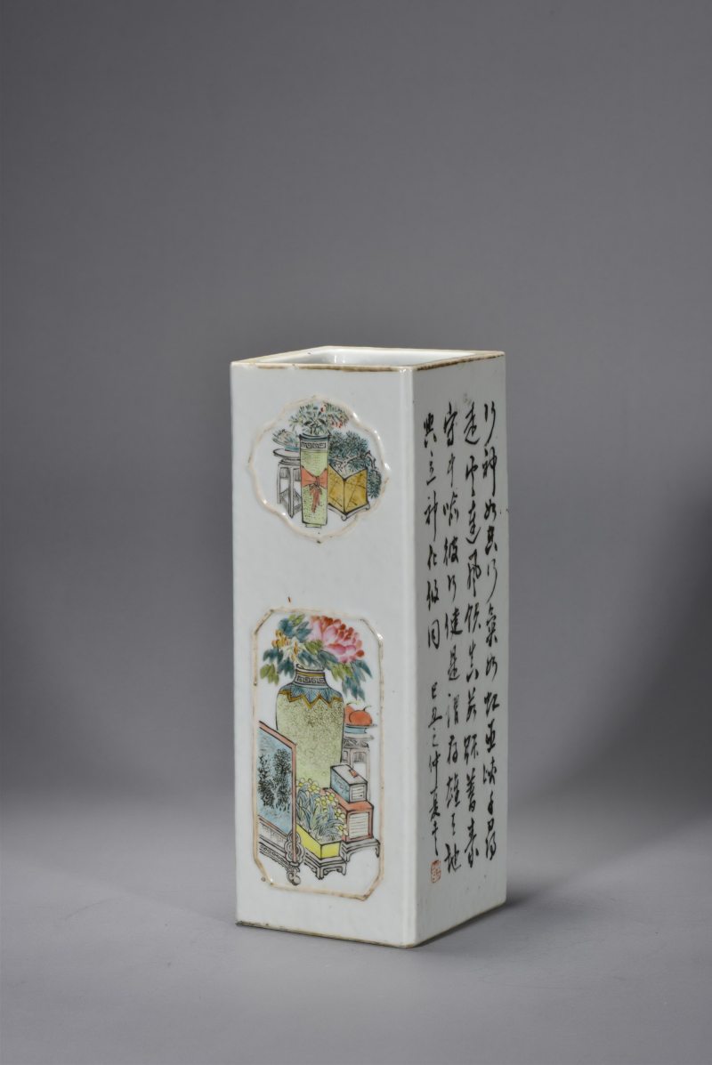 清光绪 陆清标浅绛彩花鸟博古四方帽筒 - 图2