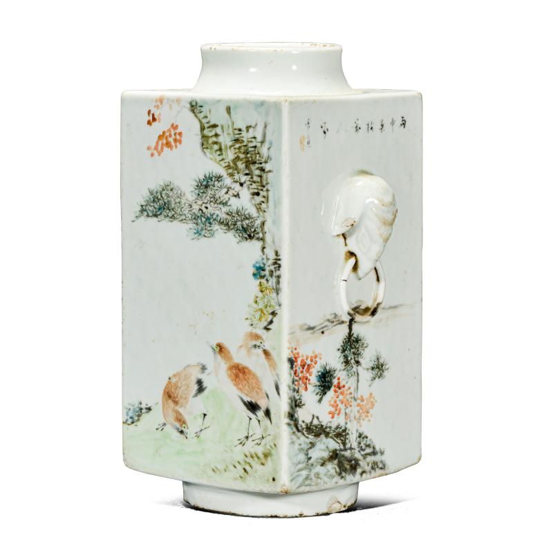 清光绪 胡孔规山水花鸟琮式瓶