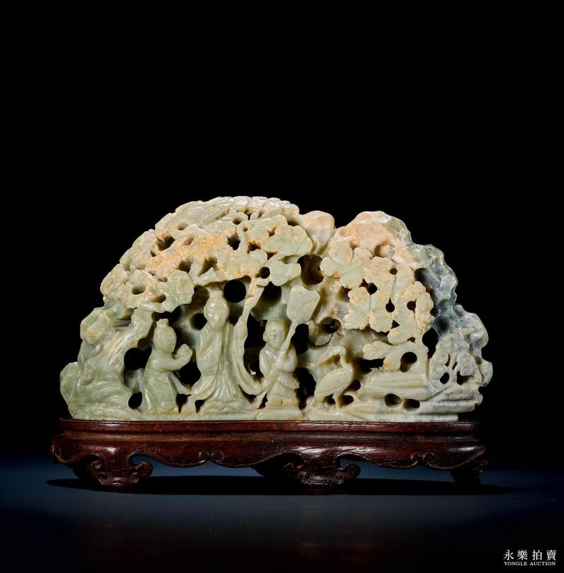 明 青玉鹤鹿同春人物纹山子