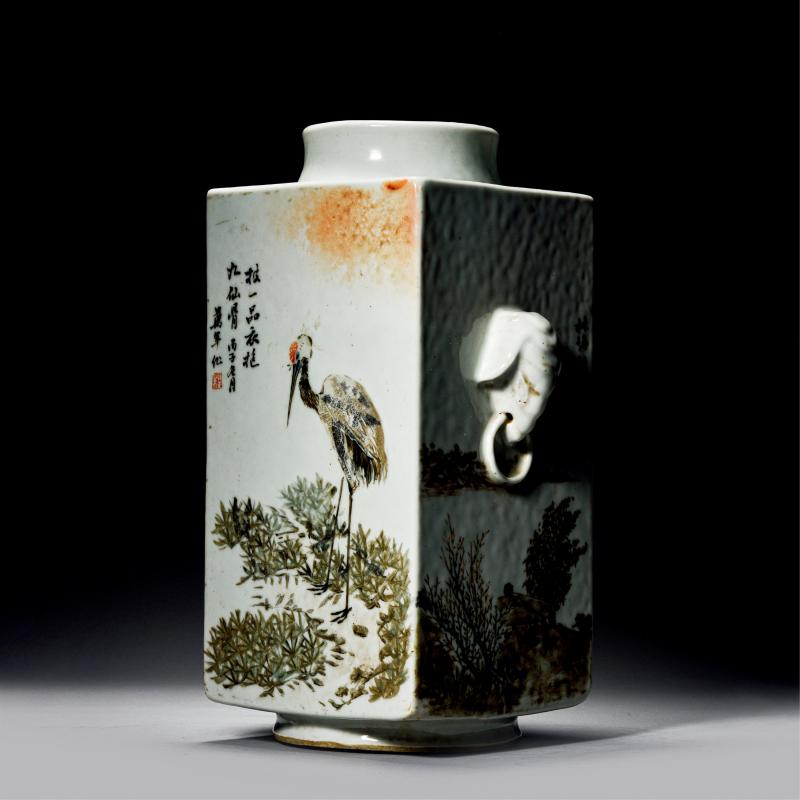 清光绪 程南山浅绛彩山水花鸟琮式瓶