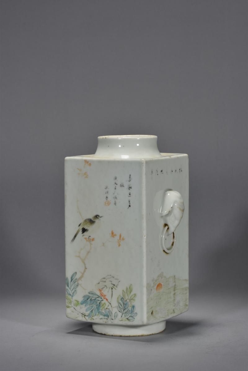 清光绪 胡孔规山水花鸟琮式瓶 - 图2